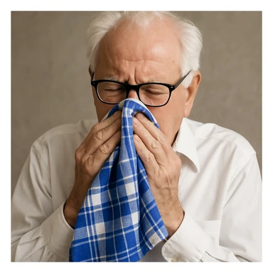 old man with white hair, white skin, black-framed glasses, wearing a white shirt, blowing his nose on a large thick blue and white checkered handkerchief sticker