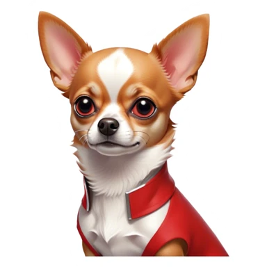Cinematic Noble Red/White Short Haired Chihuahua Portrait Emoji, Poised and regal, with a compact, muscular build and a striking red and white coat, deep-set soulful dark eyes, Simplified yet sharp and sophisticated features, highly detailed, glowing with a soft, dignified glow, high shine, intelligent and loyal, stylized with an air of strength, focused and attentive, soft glowing outline, capturing the essence of a watchful and confident guardian, so majestic it feels as though it could step out of the screen with effortless authority! sticker
