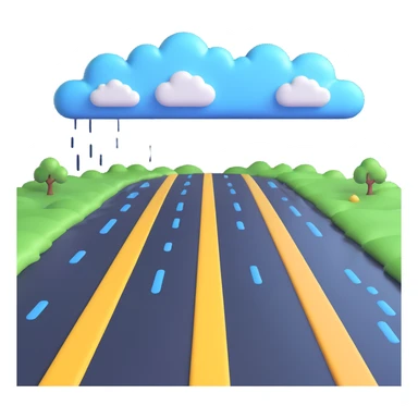 a rainy road with shiny wet pavement and cartoon clouds in 3D emoji style sticker