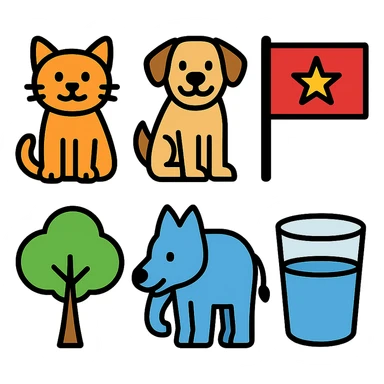 cat, dog, wolf, Vietnam flag, tree, elephant, and a glass all together in lineal color icon with black outlines style sticker
