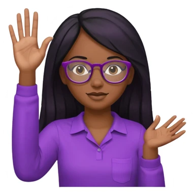 black girl raising her hand, wearing glasses and a purple shirt with long black hair sticker