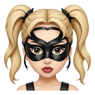 latex girl with big lips with two ponytails in a latex black mask, eyes with arrows and eyelashes sticker