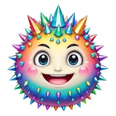 A single spiky crystal rock character, chubby and compact, covered in short chunky crystal spikes and faceted planes, iridescent rainbow colors, cute round face on the front with big glossy eyes and a wide happy smile, sticker