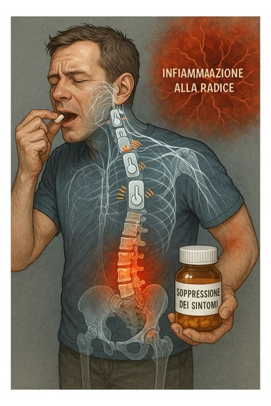 Man taking pain medication for chronic back pain, pills shown as dimmer switches turning down pain signals in transparent nervous system overlay, underlying spinal damage remaining completely untreated and worsening, expression of temporary relief masking progressive deterioration, medication bottle labeled 'symptom suppression' not 'cure', root cause inflammation continuing to spread in italiano sticker