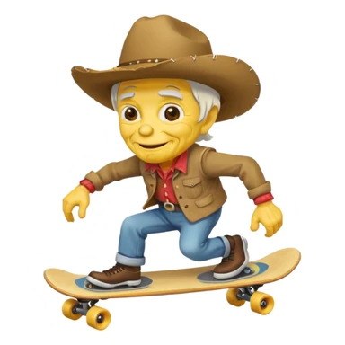 senior cowboy with wrinkled face, cowboy hat, riding a skateboard, yellow face, cheerful, android emoji style sticker