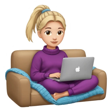 Cozy girl with ponytail on a cozy sofa with laptop on knees and a warm blanket, relaxed online shopping from home sticker