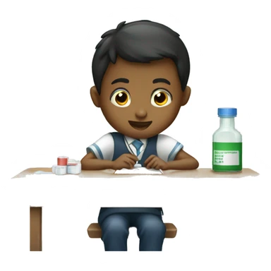 Boy school desk taking medicine sticker