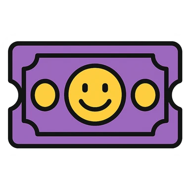 rectangular ticket icon with cut corners, details inspired by dollar bill, smiling, violet color #695791 sticker