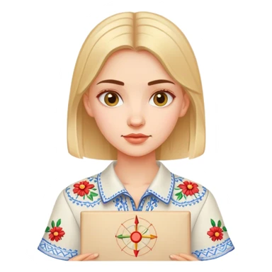 A Ukrainian girl in an embroidered shirt holds a diagram sticker
