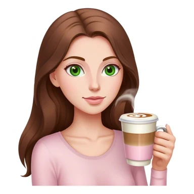pretty woman with very long brown hair and green eyes and light pink outfit drinking a latte sticker