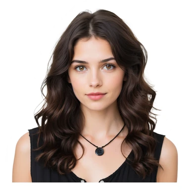 27 year old Caucasian woman with fair skin, brown eyes, long wavy dark brown hair, wearing a black top with a button sticker