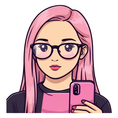 Teenage girl taking a selfie in a school bathroom. Long straight blonde hair with pink dye, rectangular glasses, black shirt, neutral expression with slightly glossy lips sticker