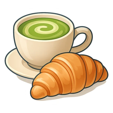 Make the matcha latte and croissant more detailed, add subtle gradients and highlights, keep the minimal flat color style. sticker