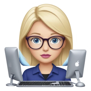 donna bella, occhi azzurri con occhiali, capelli medi, lisci e biondi, lavora usando lo schermo pc. Labbra color malva chiaro sticker