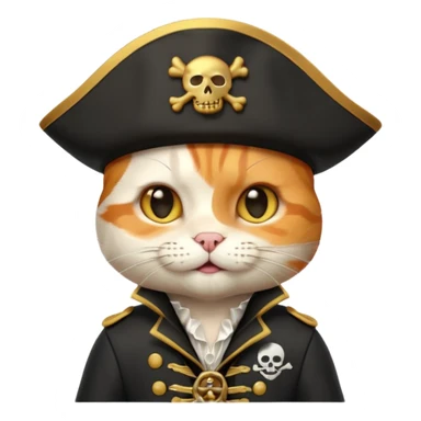 Premium 3D emoji icon of a cute ginger cat pirate, wearing a **pristine white** satin pirate hat with a gold skull icon, and a black and gold captain's jacket. Glossy finish, claymorphism style, soft studio lighting, isolated on white background, 8k resolution, stylized professional look --v 6.0 sticker