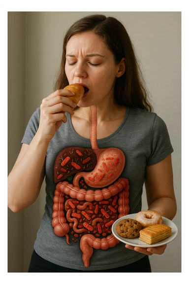 donna con batteri cattivi pieni nel suo intestino immagini realistiche mangia alimentazione ricca di glutine e zuccheri alimentando tutti i batteri cattivi sticker