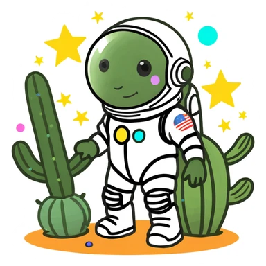 A spacesuit-wearing cactus blooming neon stars instead of flowers, with mini planets on its prickles sticker