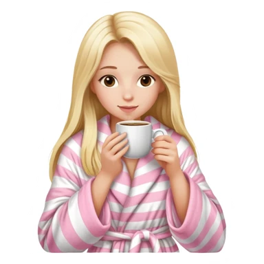 girl with long blonde hair sipping a coffee with light pink striped fluffy robe sticker