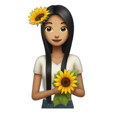 Straight long black hair girl holding a sunflower in hand sticker