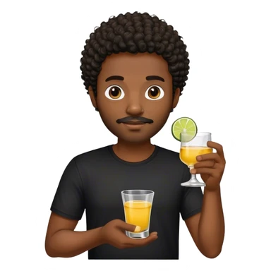 dark black guy, short curly hair, facial hair, holding tequila, black shirt  sticker