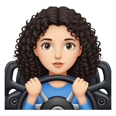 a girl with dark curly hair, her face is covered from below by the steering wheel sticker