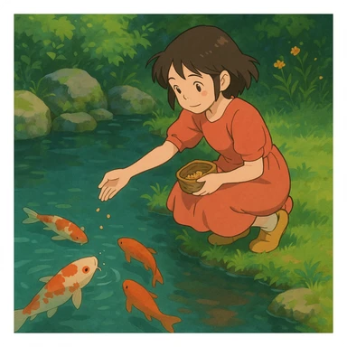 girl feeding koi fish in a pond sticker