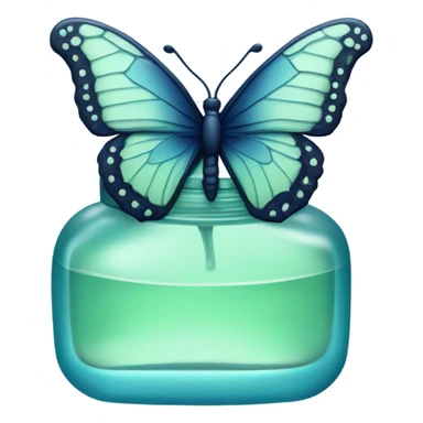  pastel green butterfly resting on an elegant blue perfume bottle with fork dark blue details. sticker