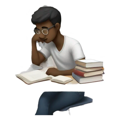 A tired student studies among books and a computer  sticker