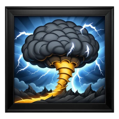 A Discord emoji of a dark, stylized tornado with lightning bolts inside a black circular frame. High contrast, aggressive lines, white background. sticker