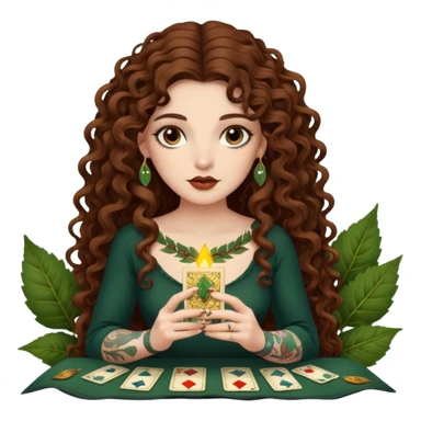 woman with long curly brown hair, brown eyes, white skin, tattoos, reading tarot cards made of leaves  sticker