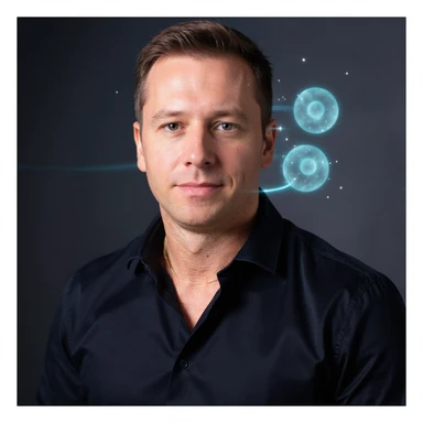 Vertical portrait, only the man's face in a realistic style with a relaxed expression. Include symbols of renewing cells or small sparks of energy near the face to represent cellular regeneration during fasting. The atmosphere should convey regeneration and vitality. sticker