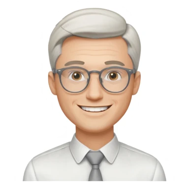 30 yr old pale white man, white/grey side swept stylish hair, round glasses, big smile, white teeth, handsome, longer hair, thin glasses, white dress shirt, smooth forehead, botox sticker
