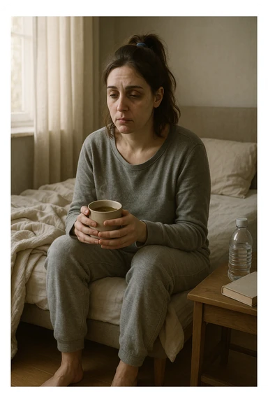 A realistic, cinematic illustration of a woman in her early 30s with a tired, pale appearance, sitting on the edge of her bed in a softly lit bedroom during the morning, looking exhausted and drained. Her posture is slightly slouched, and dark circles are visible under her eyes. She wears comfortable loungewear, holding a warm cup of herbal tea in her hands, seeking comfort. The scene includes a cozy yet slightly messy room with a blanket, a water bottle, and a book on the nightstand, emphasizing chronic fatigue. Soft natural light comes through the window, highlighting her expression of persistent tiredness despite rest, capturing the invisible struggle of chronic fatigue syndrome while maintaining dignity and a gentle aesthetic. sticker