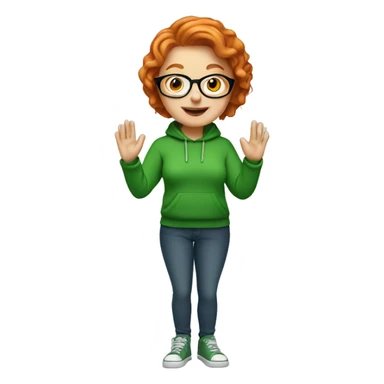 Short hair ginger lady with glasses, wearing a green hoodie, waving sticker