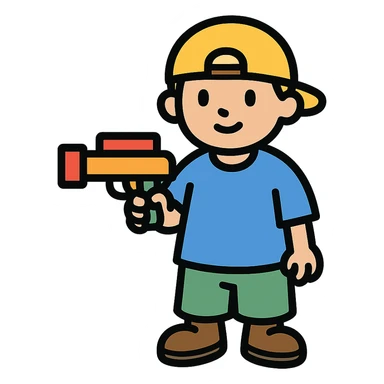 little white kid in baggy clothes, holding a toy gun, outlined icon sticker