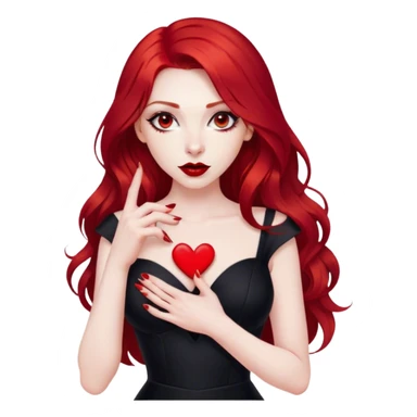 a pretty woman with long red hair and red eyes. The woman wear a black little cutted dress. She have red lipstick and she have a seductive look. She do a heart shape with her fingers sticker