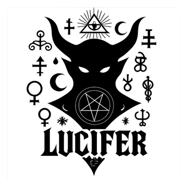 Add more occult symbols to Lucifer's emblem, gothic style, with a horned silhouette and glowing eyes, dark and striking. The emblem should have a transparent background. sticker