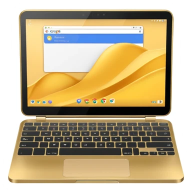 Golden Chromebook with a Touchpad and the Google app open on the screen. sticker