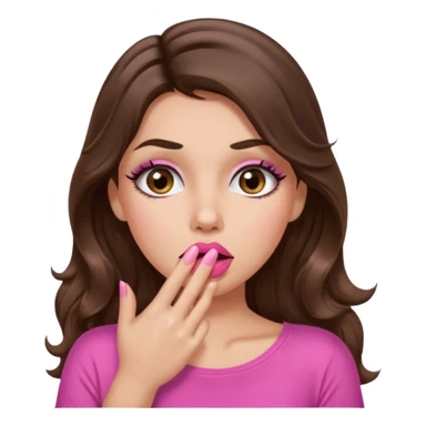 girl with long wavy brown hair, brown eyes, long lashes makeup, sexy pink lips, light to medium complexion, pink sexy top, shocked, hand covering mouth sticker