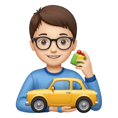 The child with glasses → is holding a toy car sticker
