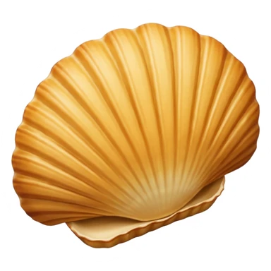 A madeleine pastry. Oval seashell shape with ONLY four to five vertical lines going in the same direction. Light golden brown. Scalloped edge. Cookie. Flat. Long. Oval shape. Lets scallops. Only four or five scalloped lines. Oblong shape. More length. sticker