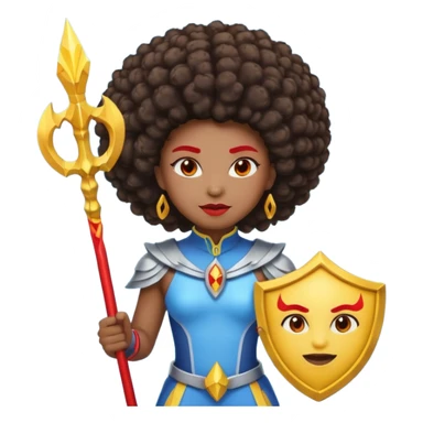 Emoji metisse femboy mais plus masculin avec drapeau ukrainien arriere plan, un afro, sourcils rouge, fourche trident, et eclairs et sur fond bleu clair irrisé. sticker