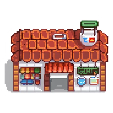 isometric supermarket building with red tiled roof, store entrance, and small parking area sticker