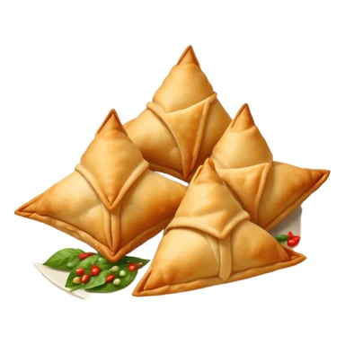Cinematic Realistic Samosas Dish Emoji, depicted as golden, crispy pastry pockets filled with spiced vegetables rendered with detailed textures and appetizing lighting. sticker