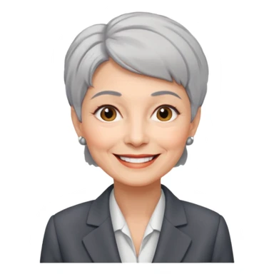 72-year-old professional woman, neat suit, smiling, short hair, friendly impression sticker