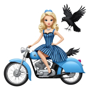 Blonde Silkstone Marie Antoinette Barbie enid sinclair from academy in a blue and black vertically-striped classic dress. riding hot rod bikes with crows sticker