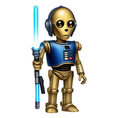 darkblue-pearl friendly smiling bounty hunter c3po droid wearing backpack, saddlebags and light saber ready to fight at ease. steampunk sticker