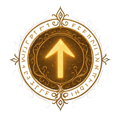 up arrow inside a circle, designed to look like a mystical talisman, intricate details, magical ornamentation, ornate, glowing, ancient runes sticker
