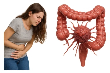 donna giovane piegata in avanti con mal di pancia e cellula tumorale che danneggia il colon, iperrealistica 4k sticker