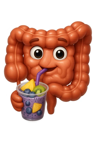 EMOJI STILE IPHONE DI un intestino umano anatomico che beve un frullato di mirtilli, ananas, kiwi, fagli anche la parte bianca degli occhi, non solo le pupille, REALISTICo 4K sticker